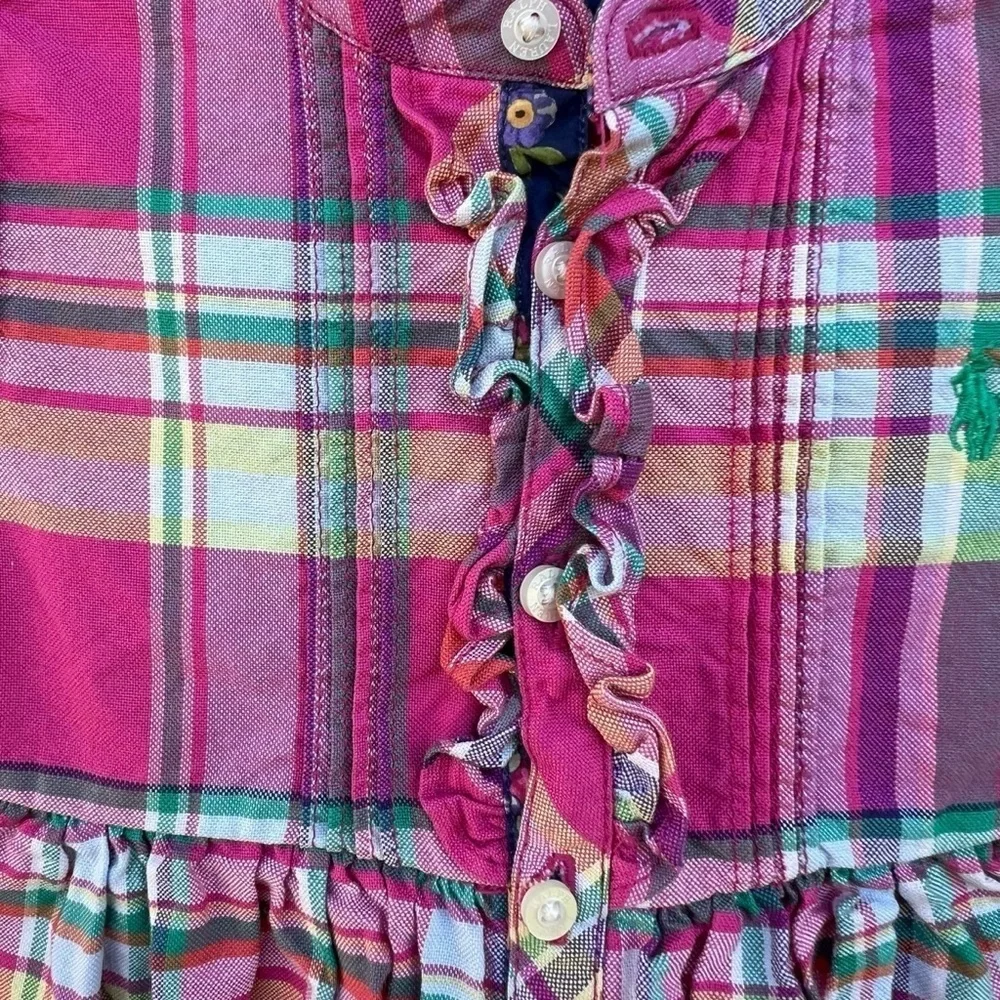 Ralph Lauren Plaid Ruffle Button Front Shirt Dress Pink 12 Mos GUC